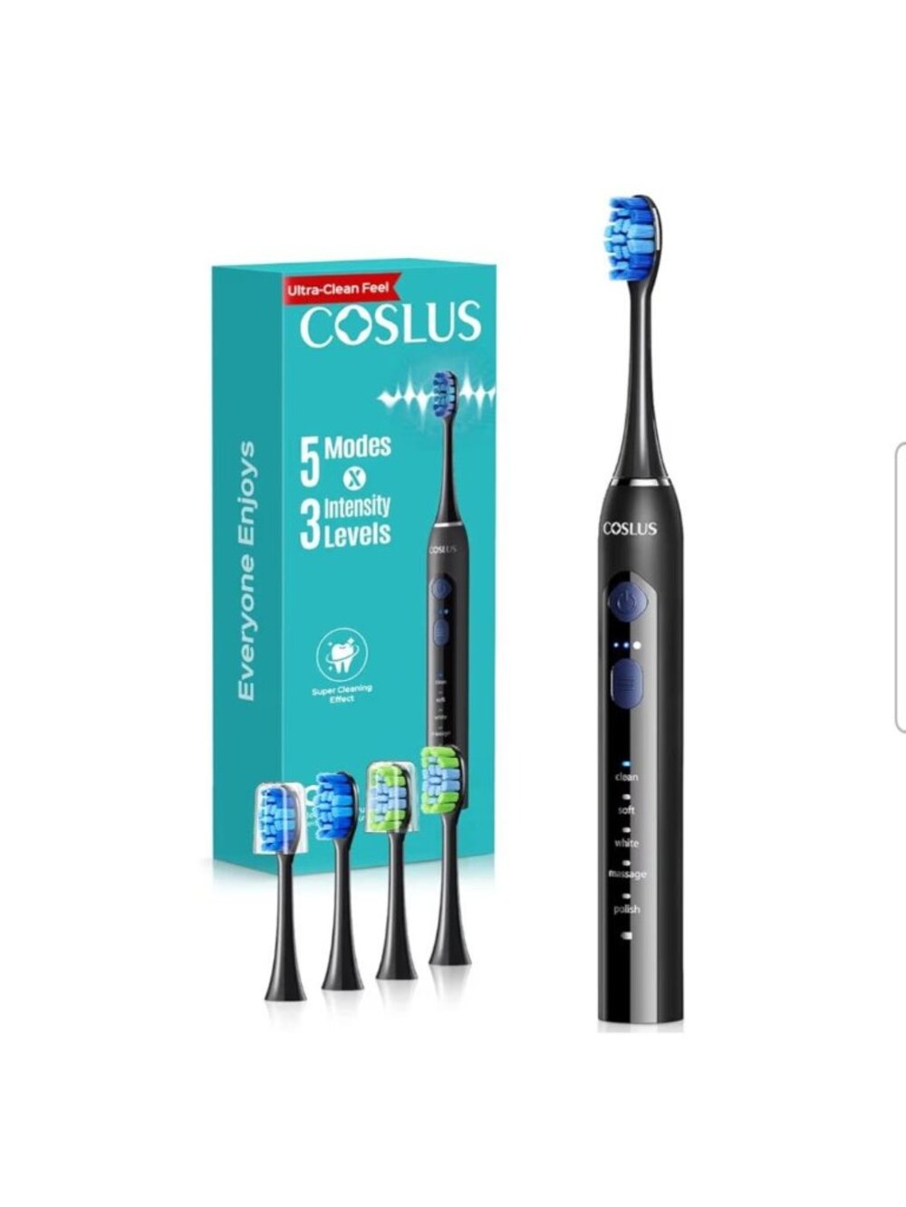Coslus Electric Toothbrush With 5 Modes 3 Intensity Levels & 4 Brush Heads Long